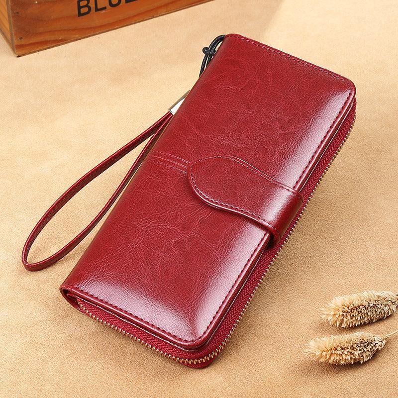 Waxed Cowhide Long Lady Wallet Leather Zipper Wallet Large Capacity - Trendha