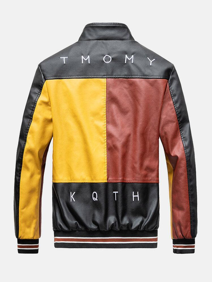 Mens Colorblock Patchwork PU Leather Zip Front Lapel Collar Thicken Jackets - Trendha