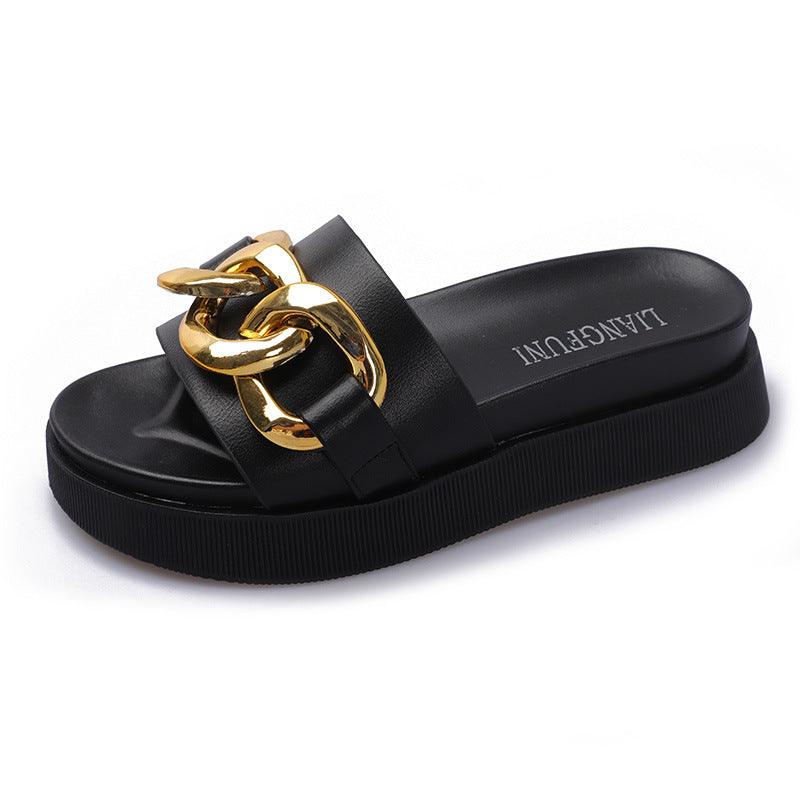 Summer New Style Metal Chain Flat-bottomed Lazy Beach Flip-flop Women - Trendha