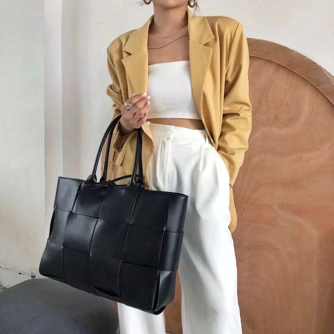 European And American Woven Leather Block Tote Bun Mother And Child Bag Female Bag - Trendha