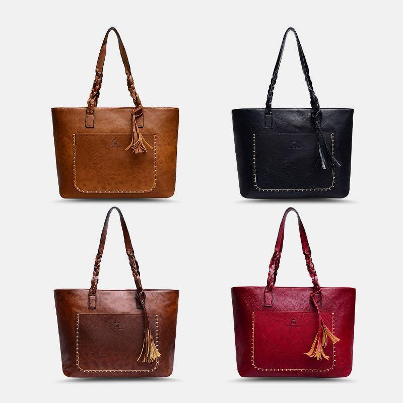 Women Tassel Decoration Tote Large Capacity Woven Handle Handbags Shoulder Bag - Trendha