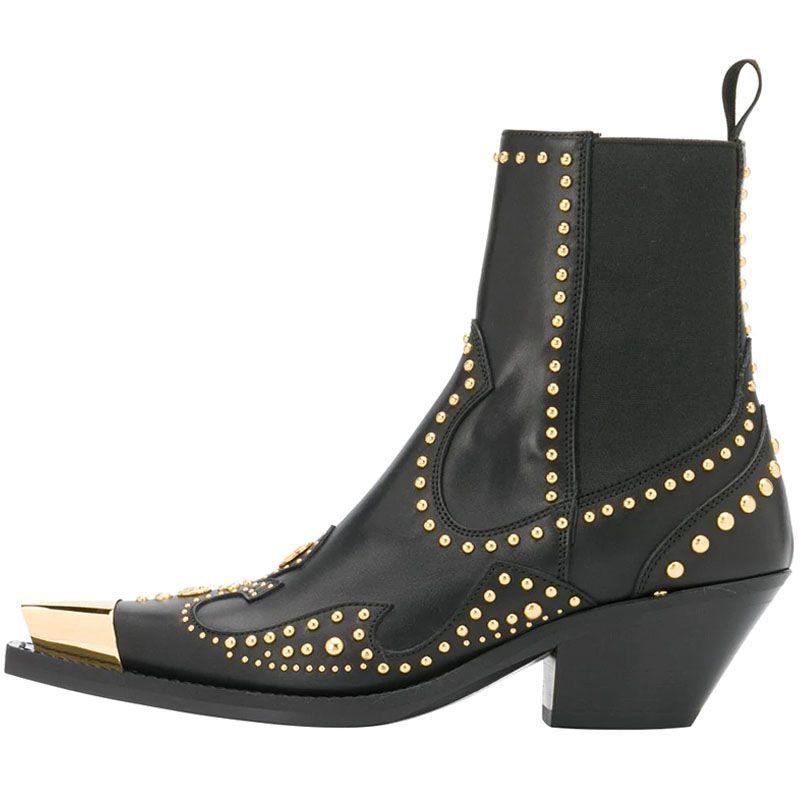 Metal Pointed Rivets Leather Ankle Boots Chunky Heel - Trendha