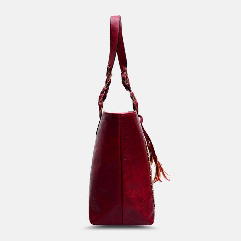Women Tassel Decoration Tote Large Capacity Woven Handle Handbags Shoulder Bag - Trendha