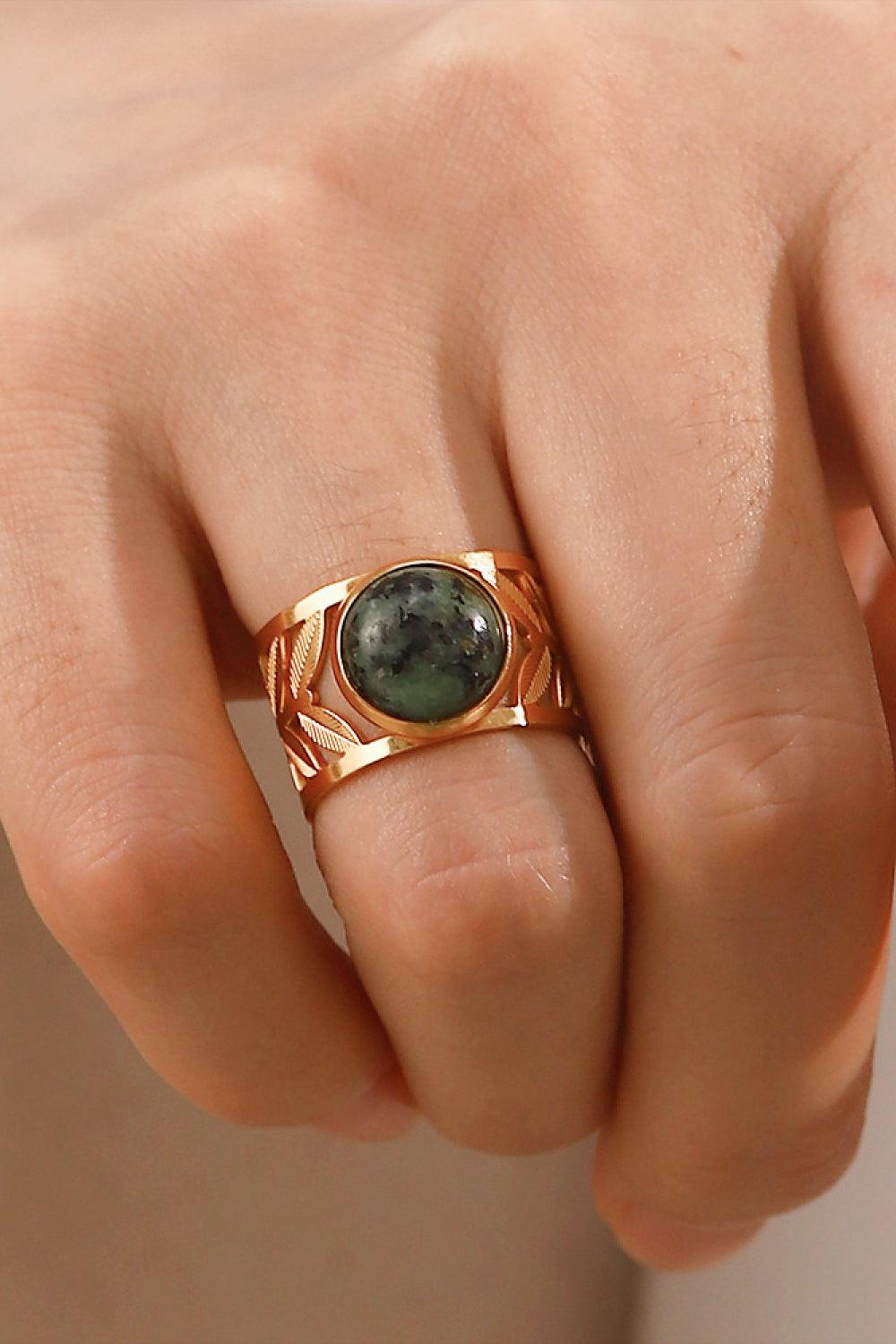 18k Gold Plated Malachite Leaf Ring - Trendha