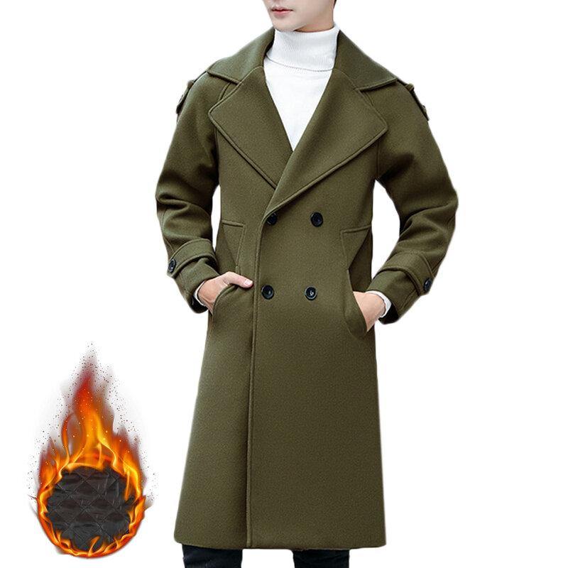 Mens Slim Mid Long Double Breasted Thick Warm Stylish Trench Coat Woolen Overcoat - Trendha