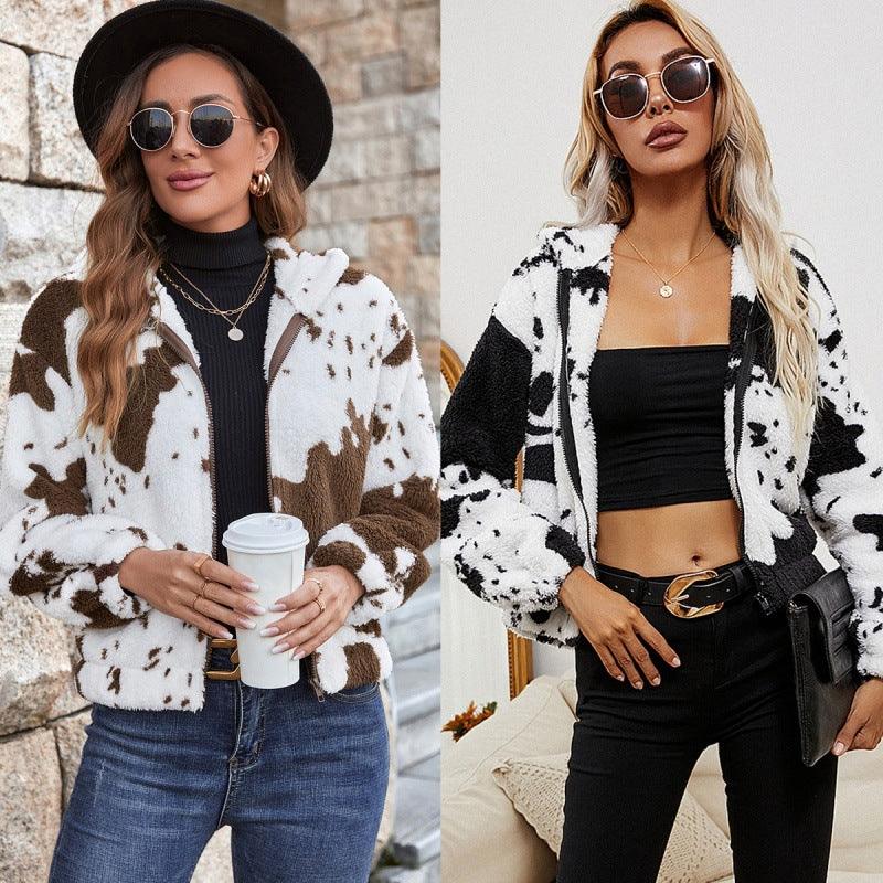 Cow Pattern Wool Cardigan Hooded Sweater Jacket - Trendha