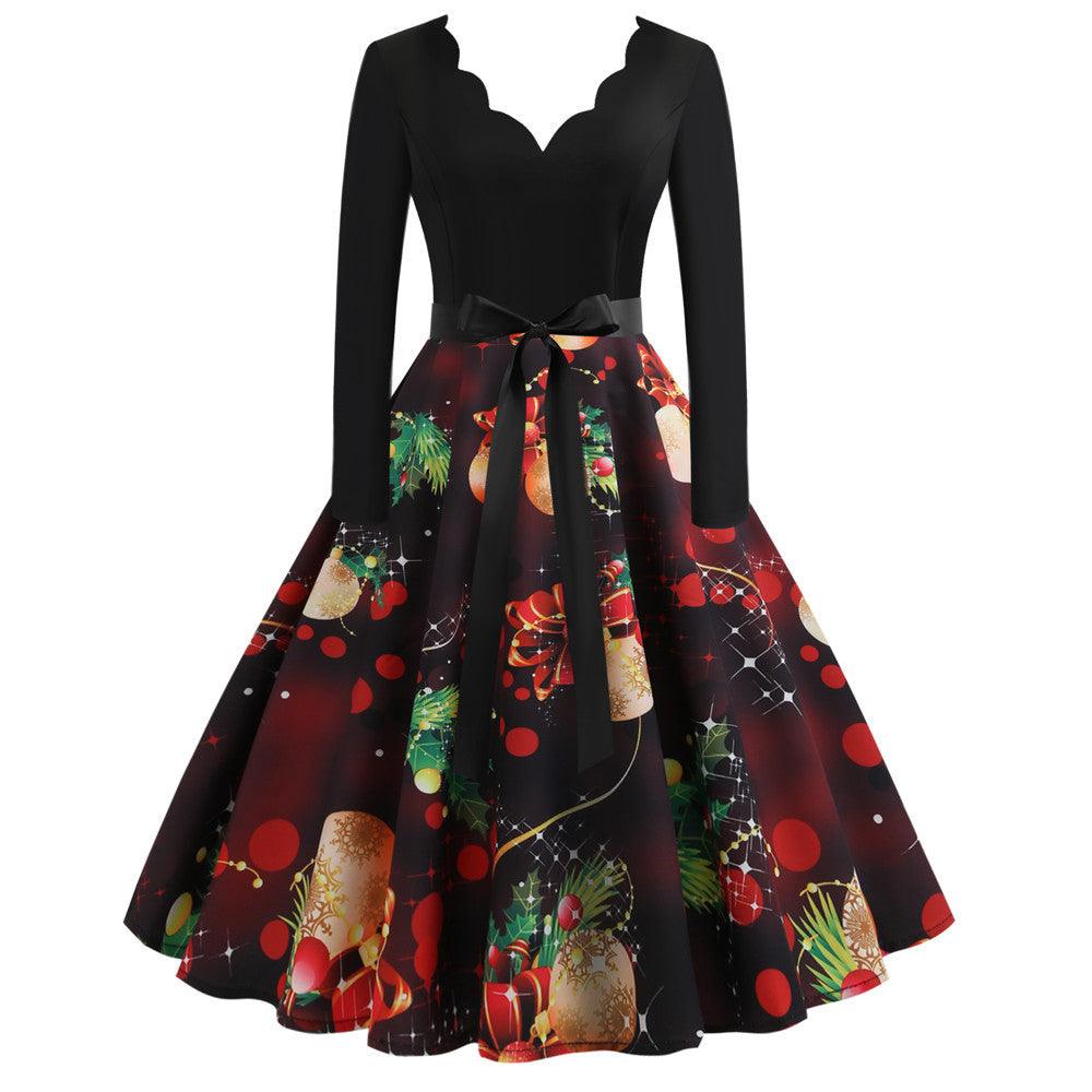 Casual Women's Long Sleeve Printed V-Neck Dress - Trendha