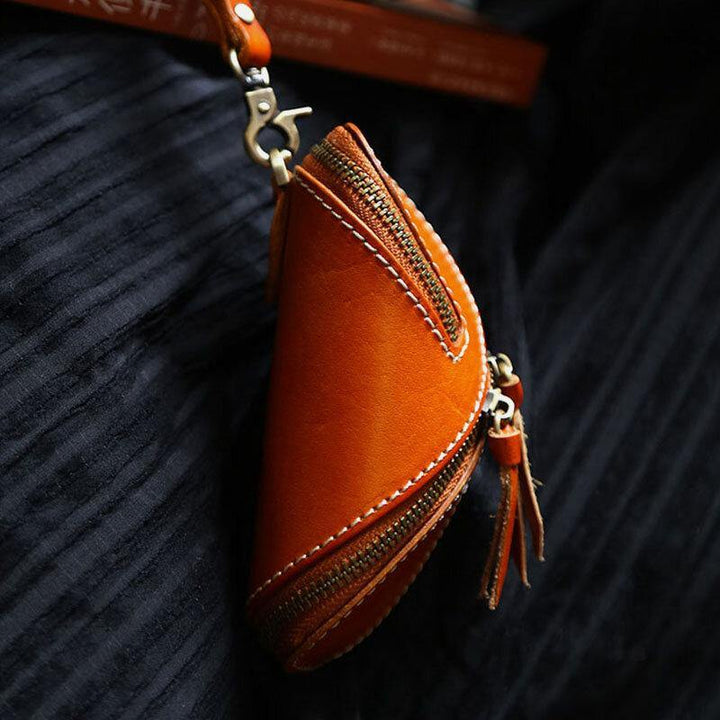 Men Genuine Leather Solid Color Oval Zipper Retro Key Case Card Case Clutch Bags - Trendha