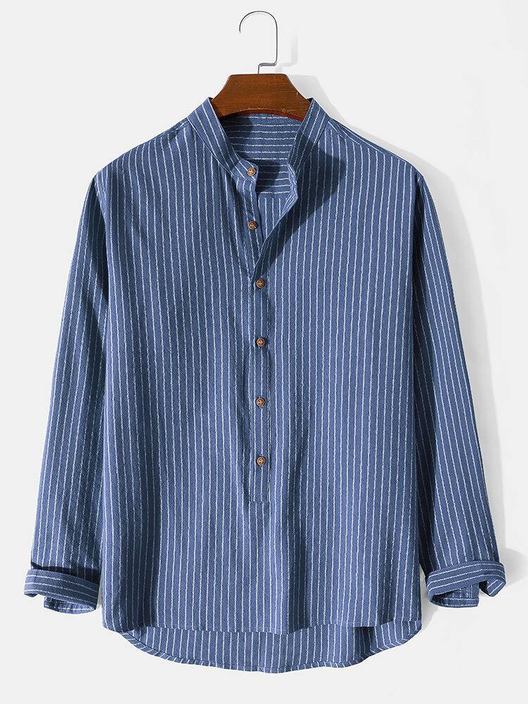 Mens Striped Stand Collar High Low Casual Long Sleeve Henley Shirts - Trendha