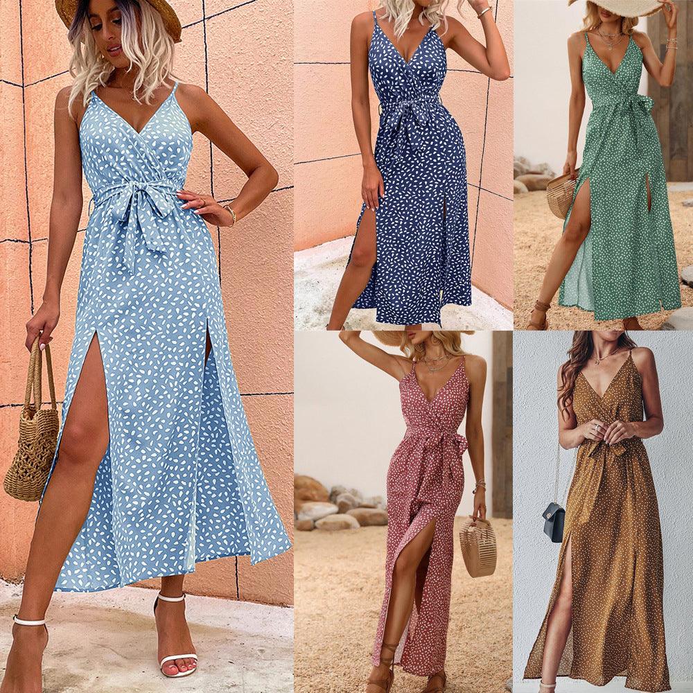 V-neck Suspender Floral Lace-up Dress Women's Long Skirt Beach Dress - Trendha