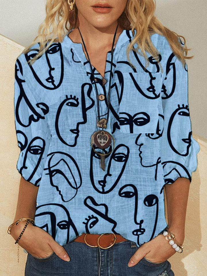 Abstract Face Figure Print V-neck Button Long Sleeve Pocket Blouse For Women - Trendha