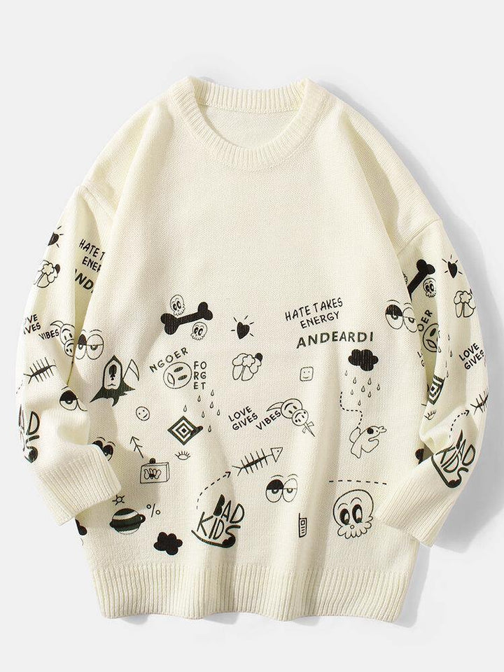 Mens Cute Cartoon Print Round Neck Long Sleeve Knitted Pullover Sweaters - Trendha