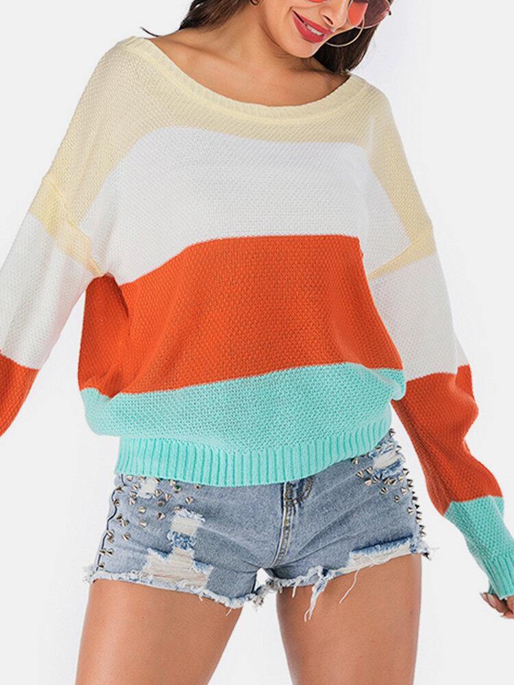 Women Patchwork Color Block Long Sleeves O-neck Casual Knitted Sweater - Trendha