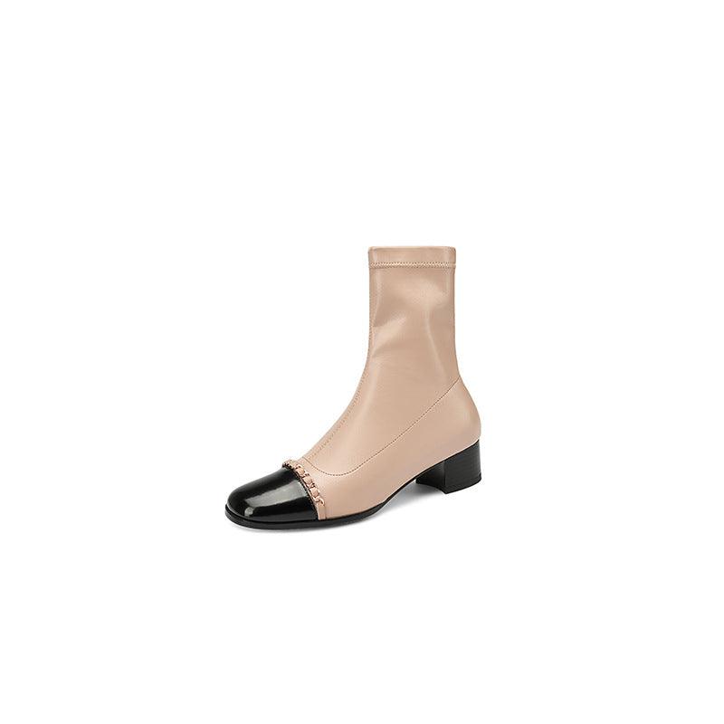 Women's Full Leather Thick Heel Comfortable Round Toe Short Boots - Trendha