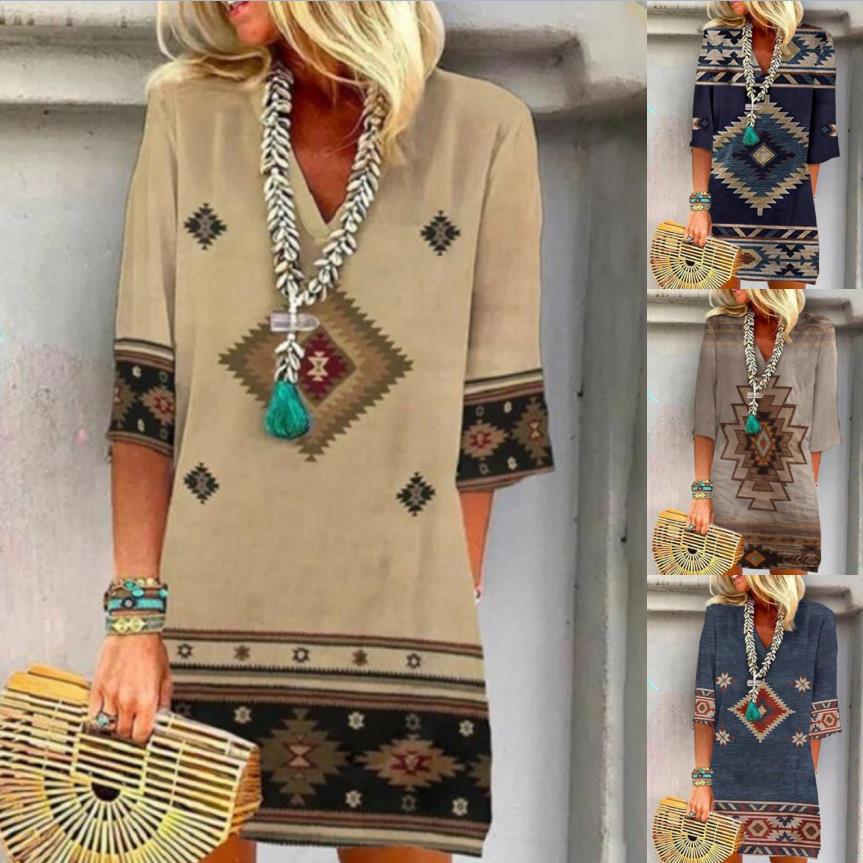 Women's Loose V-Neck Printed Short Sleeve Dress - Trendha