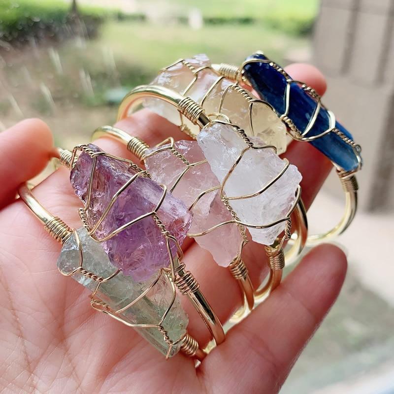 Explosive Natural Crystal Rough Stone Gold Winding Unshaped Bracelet Jewelry Crystal Bracelet - Trendha