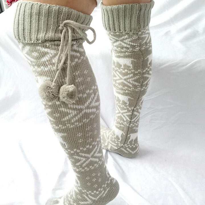 Women Cotton Christmas Festive Elk Pattern Warm Leggings Over Knee Stockings With Fluff - Trendha