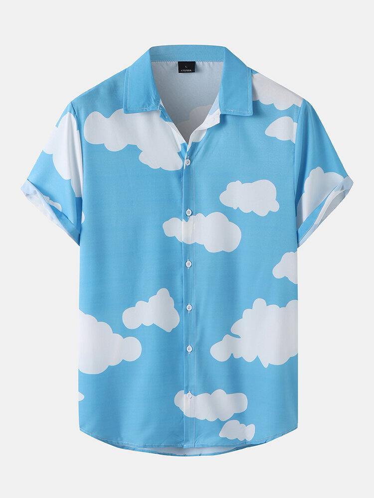 Mens Cloud Pattern Two Pieces Outfits Casual Shirts Shorts - Trendha