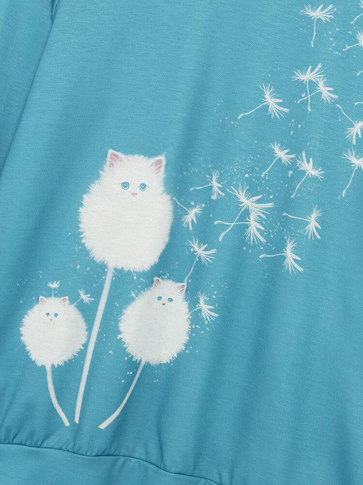 Women Cute Cat Dandelions Print Round Neck Long Sleeve Casual Sweatshirt - Trendha