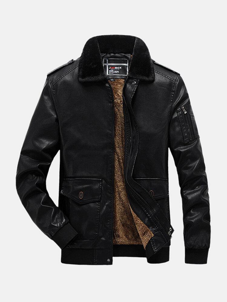 Mens Windproof Faux Fur Lapel Warm Lining Vintage PU Leather Jacket - Trendha