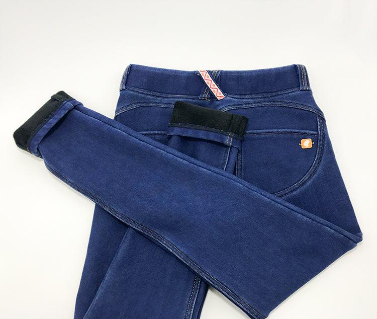 Knitted denim stretch peach hip jeans yoga pants - Trendha