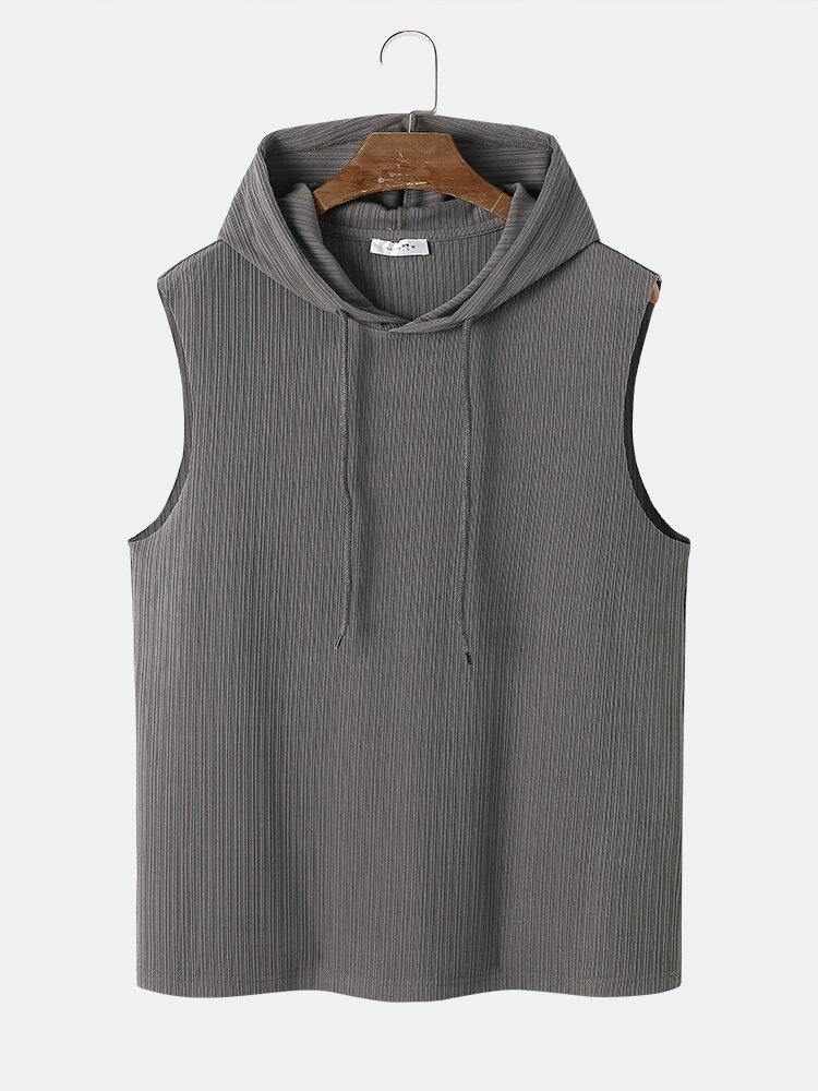 Mens Solid Color Ribbed Hooded Sleevelss Casual Tank Top - Trendha