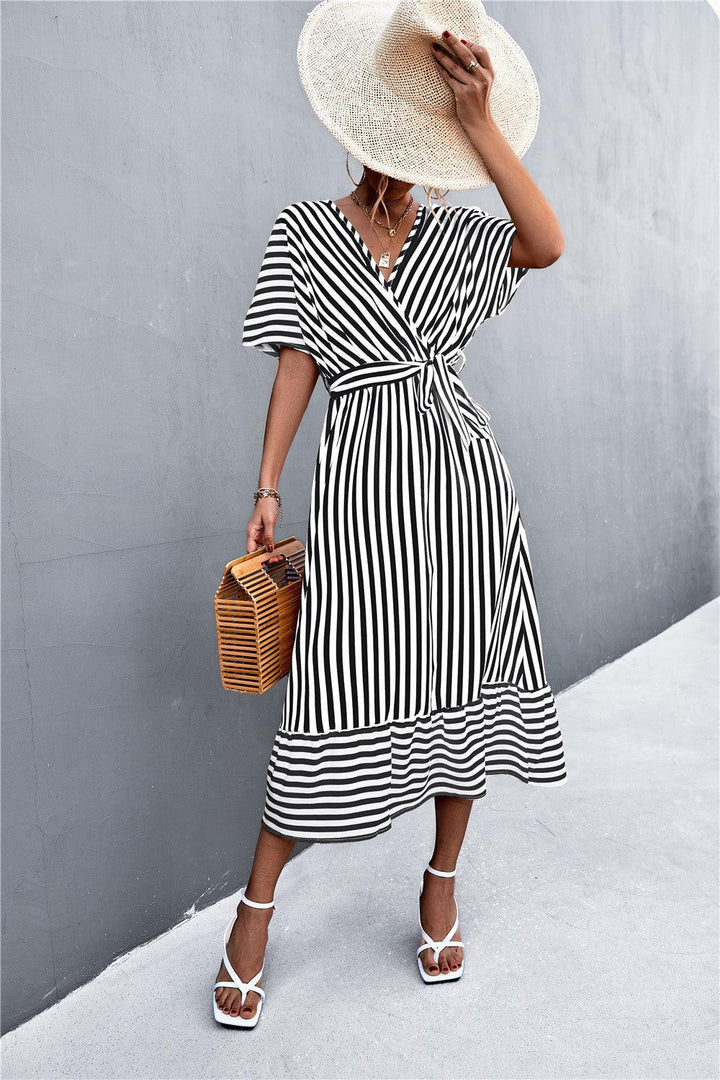 European And American Spring And Summer New Classic Hot Selling Product Cross V-neck Lace-up Striped Dress - Trendha