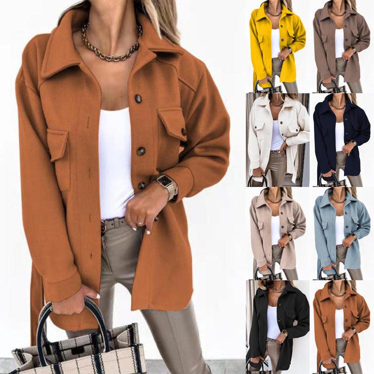 Long-sleeved Temperament Solid Color Lapel Button Lace Woolen Coat - Trendha