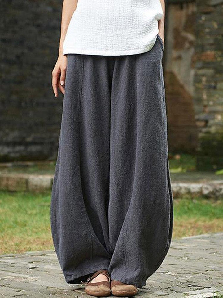 Cotton Linen Solid Color Elastic Waist Casual Pants | Loose Fit with Pocket - Trendha