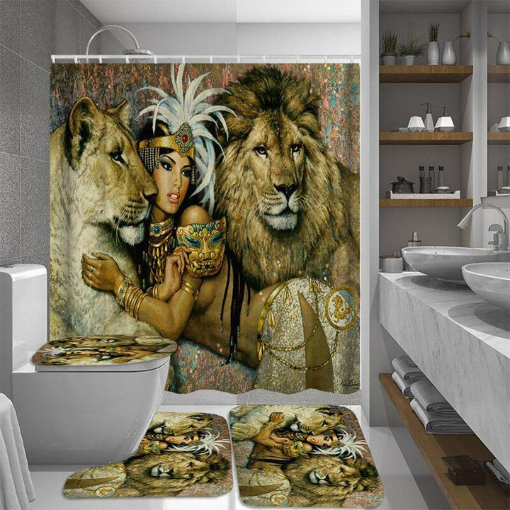 African Woman Egypt Queen and Lion Waterproof Bathroom Set Shower Curtain Bath Mats Floor Doormat Rugs - Trendha