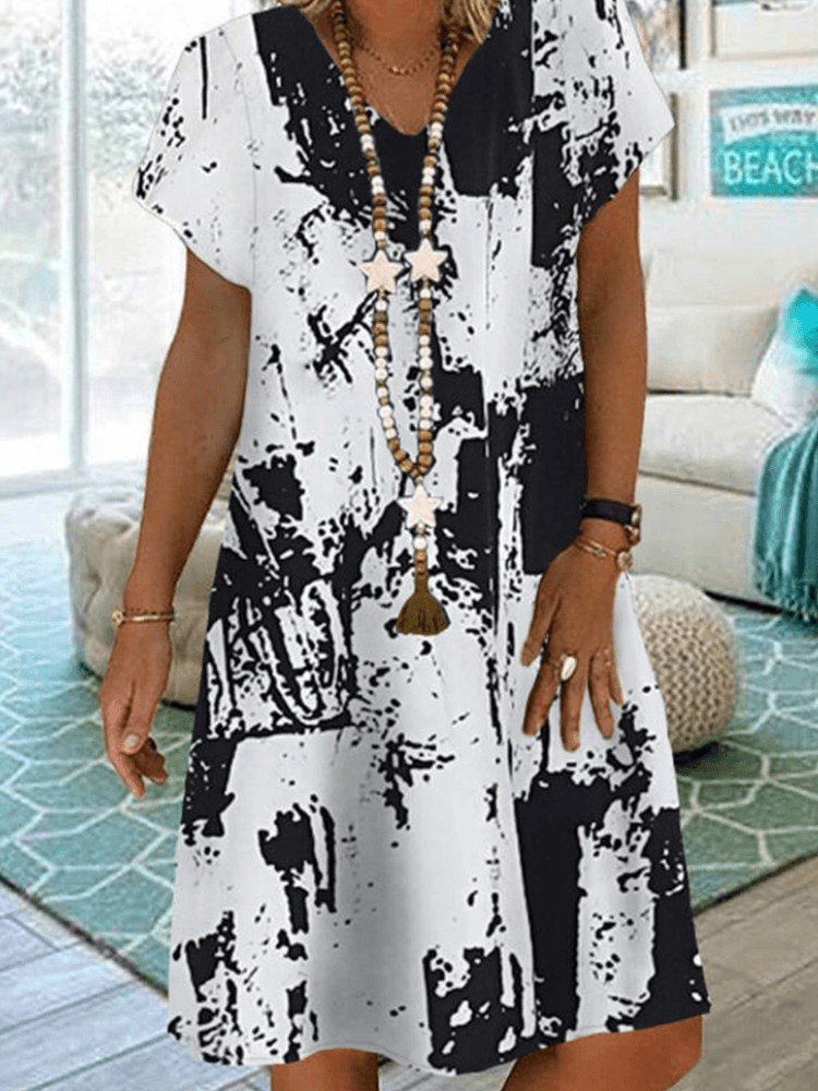 Women Leopard Floral Print V-Neck Casual Short Sleeve Dress - Trendha