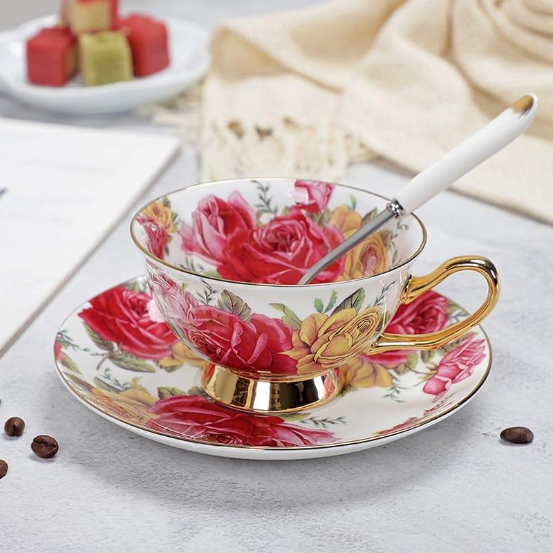 Floral Pattern Porcelain Tea Cup, Saucer and Spoon - Trendha