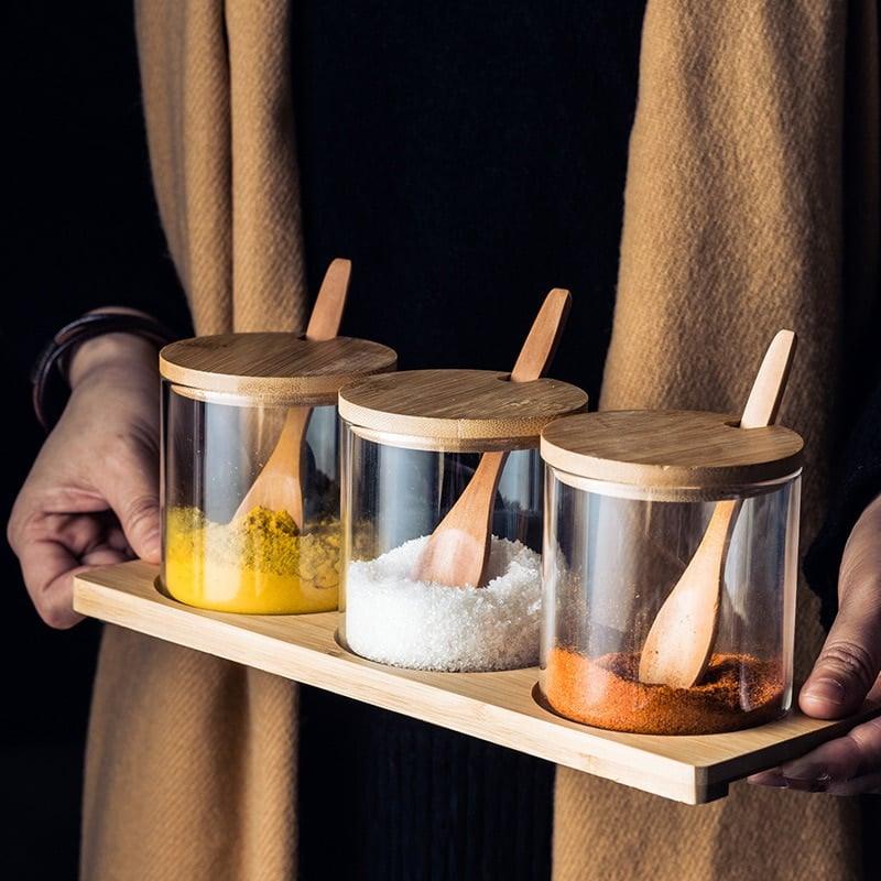 Glass and Wood Storage Jars Set with Spoon - Trendha
