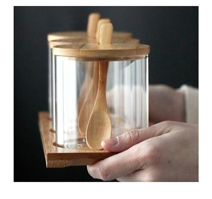 Glass and Wood Storage Jars Set with Spoon - Trendha