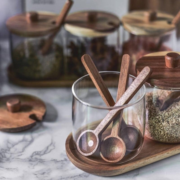 Glass Spice Jar with Wooden Holder 4 Pcs Set - Trendha