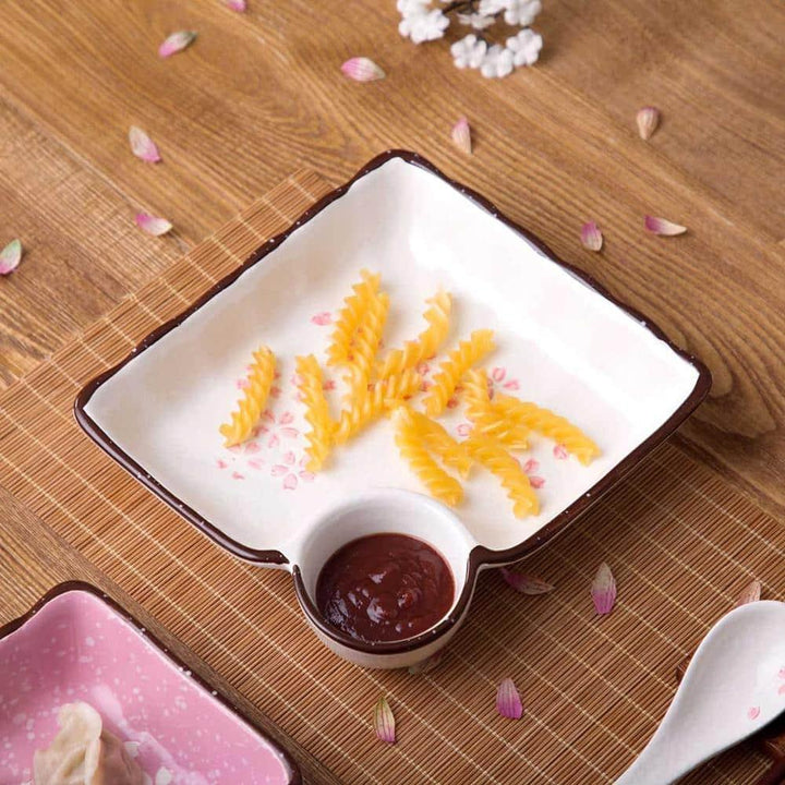 Sakura Flowers Ceramic Dinner Plate with Sauce Dish - Trendha