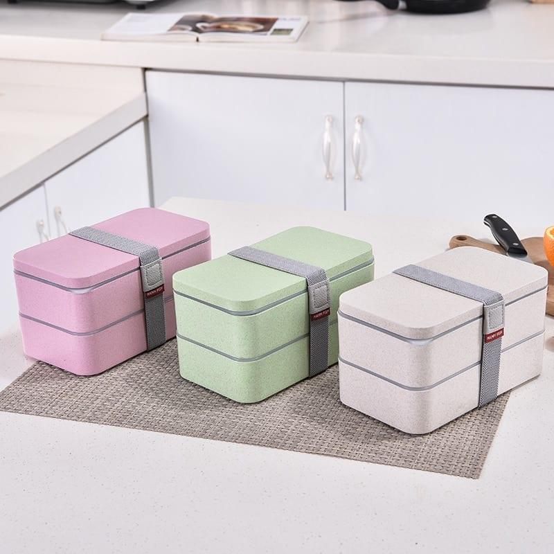 Wheat Straw Double Layers Lunch Box with Spoon - Trendha